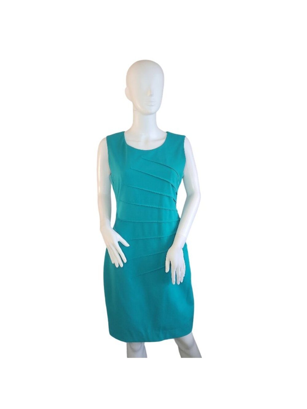 Calvin Klein Sleeveless Sheath Dress Teal Blue Textured Pleats Womens Size 8